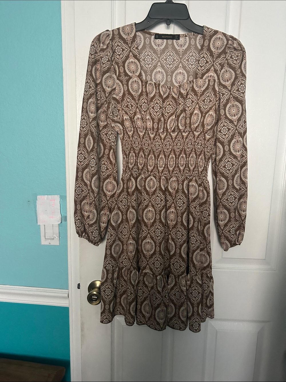 Smocked Waist Brown Printed Long-Sleeve Midi Dress